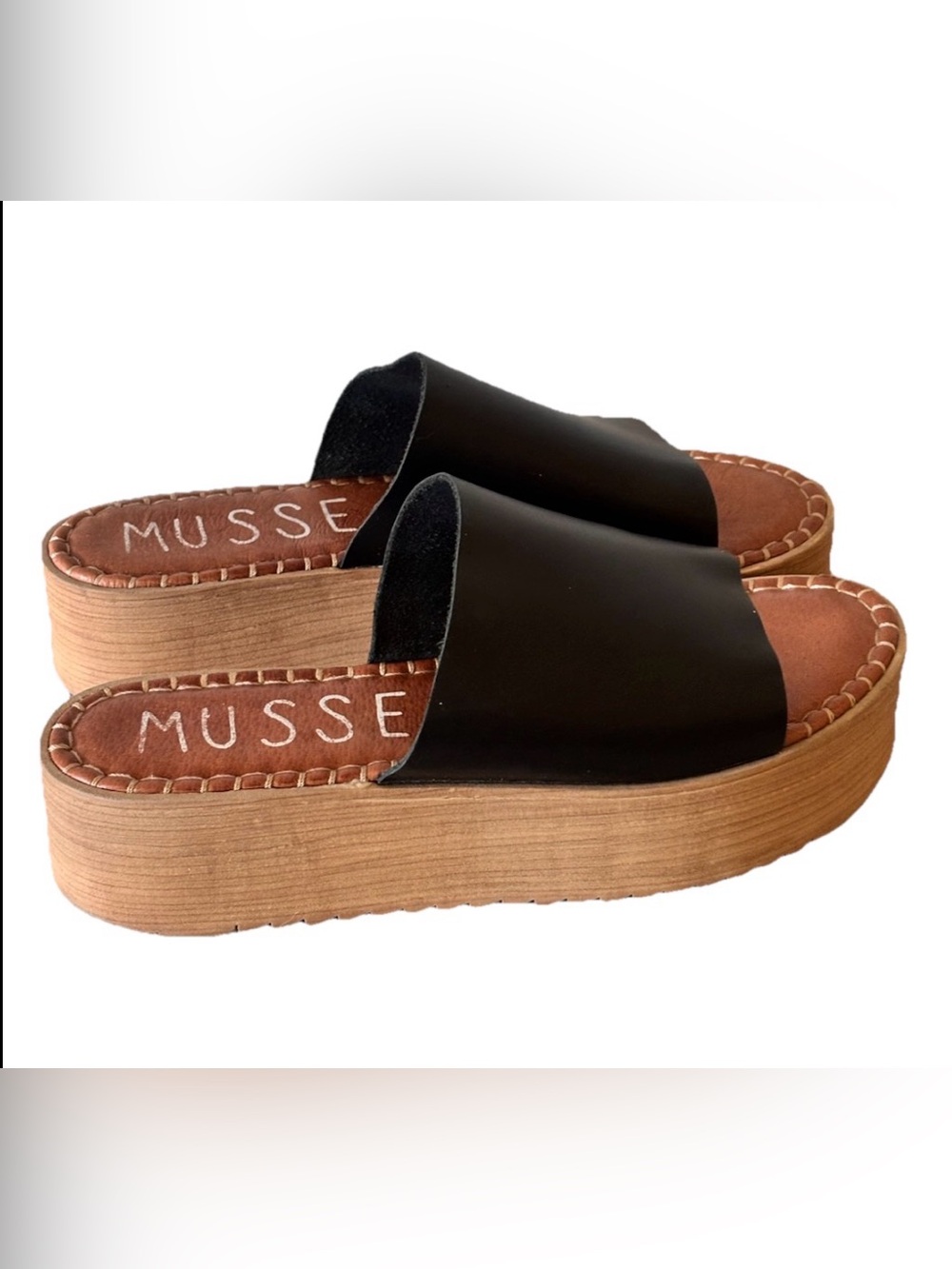 MUSSE CLOUD BLACK LEATHER PLATFORM WEDGE SLIDE SANDAL (41) 10.5